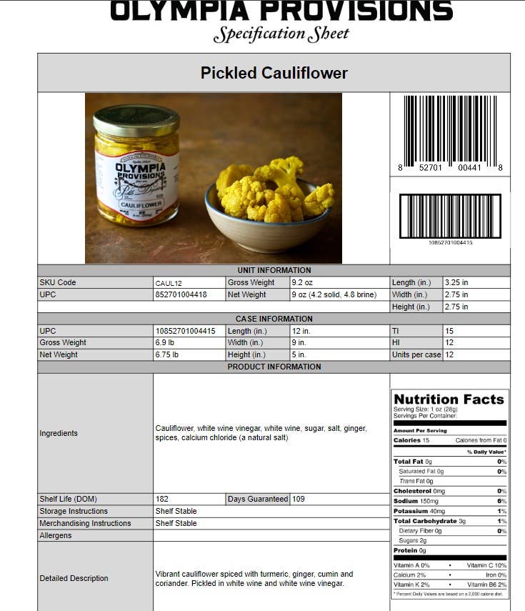 Olympia Provisions Pickled Cauliflower