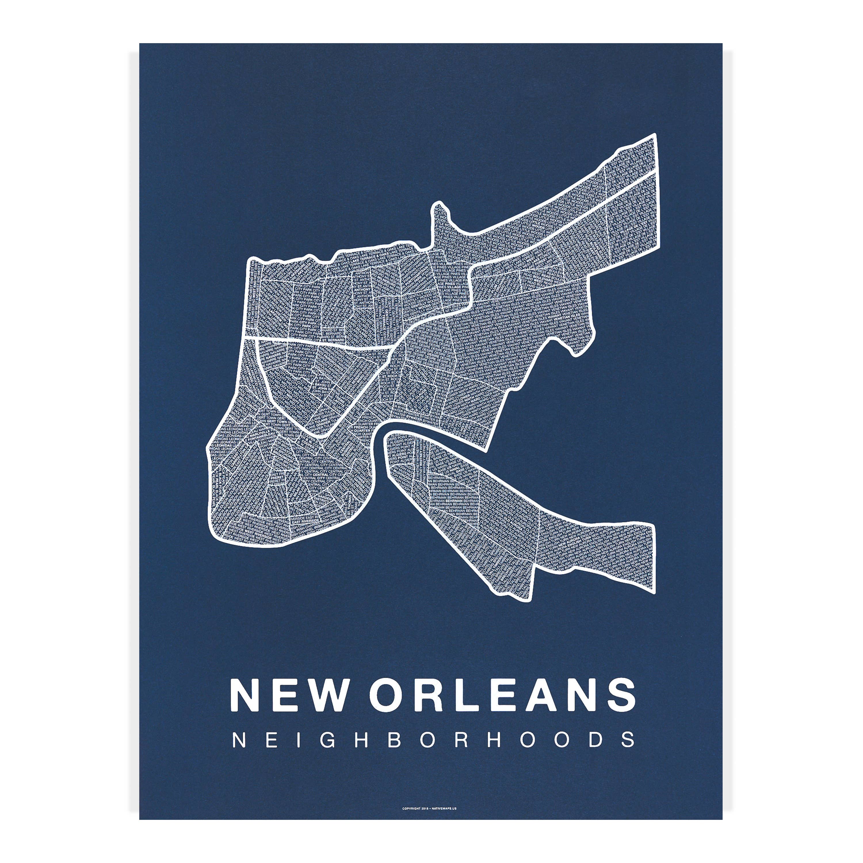 Native Maps New Orleans, LA Neighborhood City Map Poster