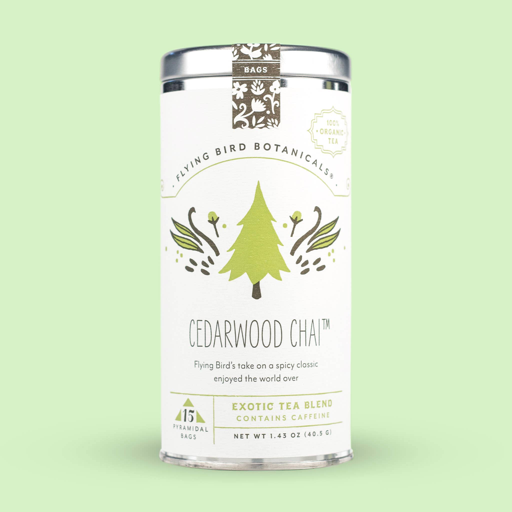Flying Bird Botanicals Cedarwood Chai – 15 Tea Bag Tin